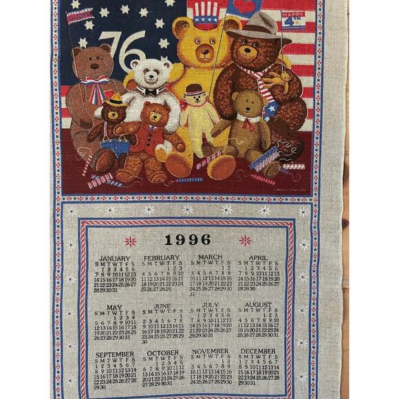 VTG Kay Dee Linen Blend Tea Towel/Wall Hanger. 1996 Calendar. Teddy bears. USA - Picture 2 of 4